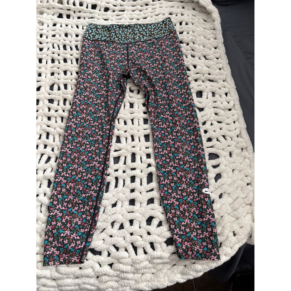 Nike Dri-FIT Women Floral Print Leggings Black Pink Blue Tights Large